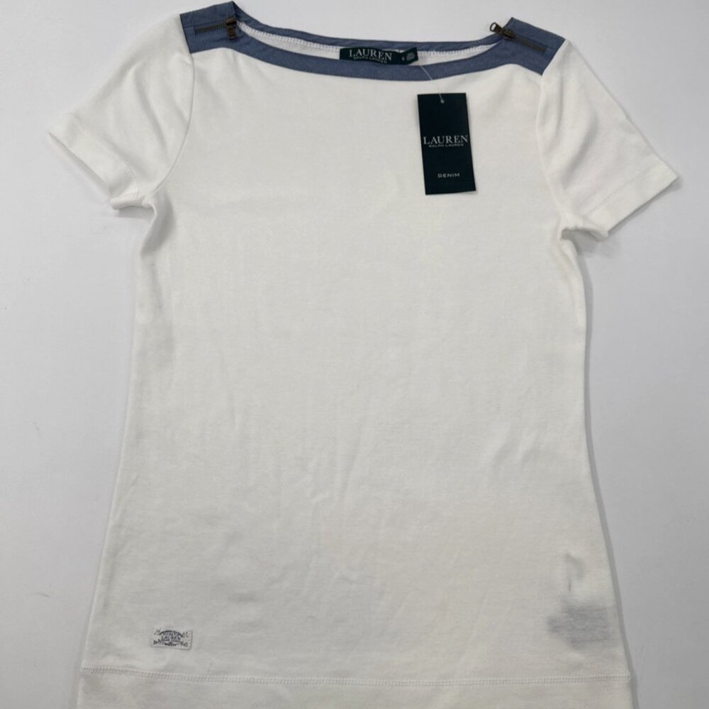 Lauren Ralph Lauren Shirt Small Trim Zip Neck Short Sleeve White Preppy NEW read - Picture 1 of 10